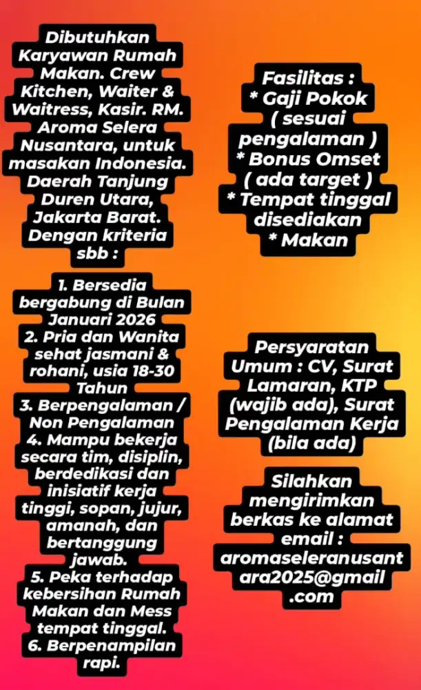Lowongan Kerja di Rumah Makan daerah Tanjung Duren JAKBAR