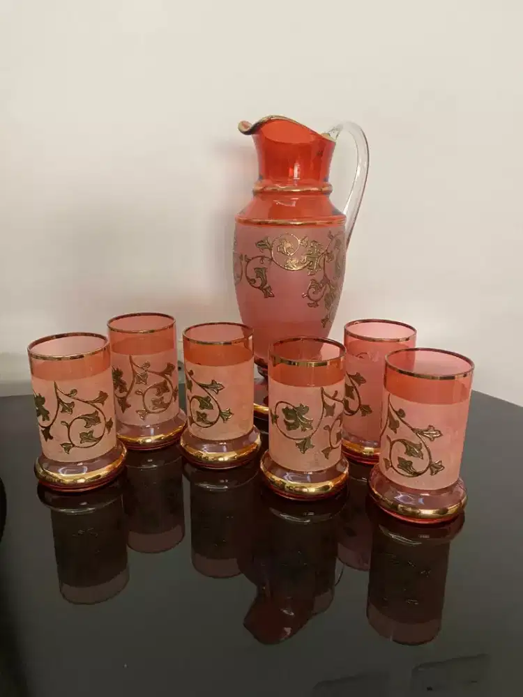 1 Set Gelas Bohemia Vintage Warna Peach Amber + Pitcher Motif Emas