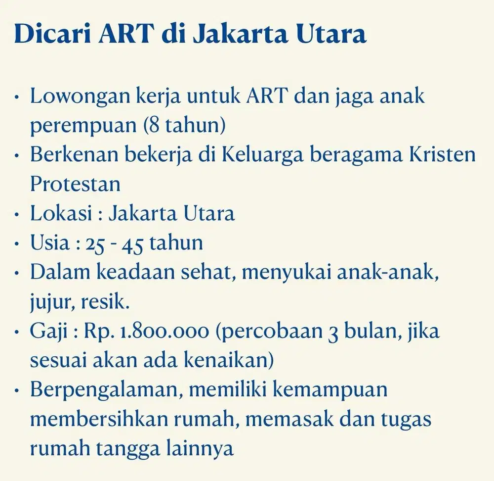 LOWONGAN untuk ART dan Menjaga anak