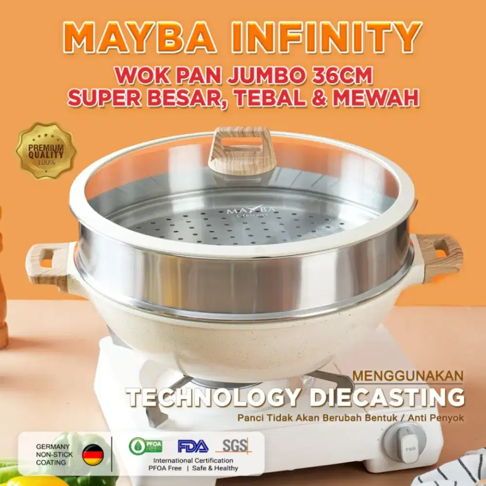 MAYBA INFINITY WOK JUMBO 36CM Anti Lengket Granite Tutup Kaca Kukusan