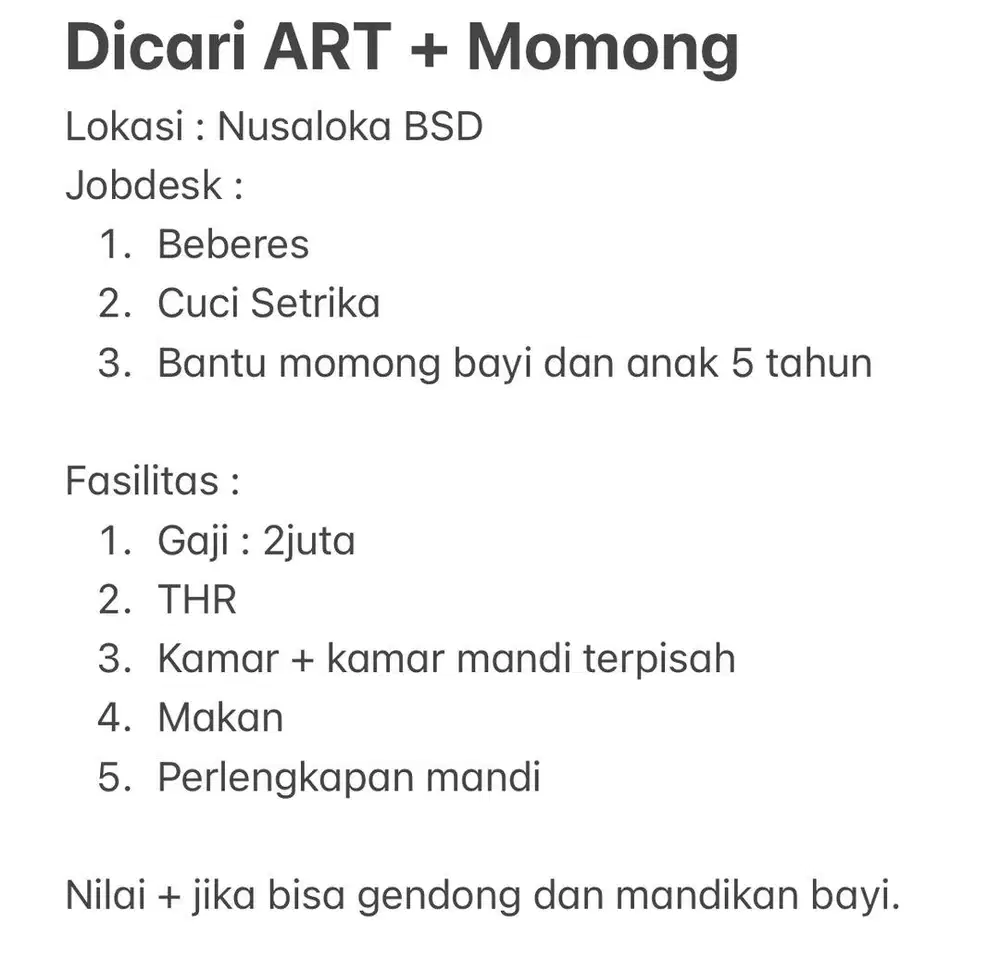 Dicari ART Serpong Menginap