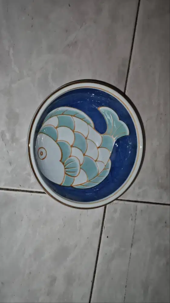 Japanese Mitsumine Minoyaki Porcelain Fish Bowl Blue Aqua Brown (3pcs)