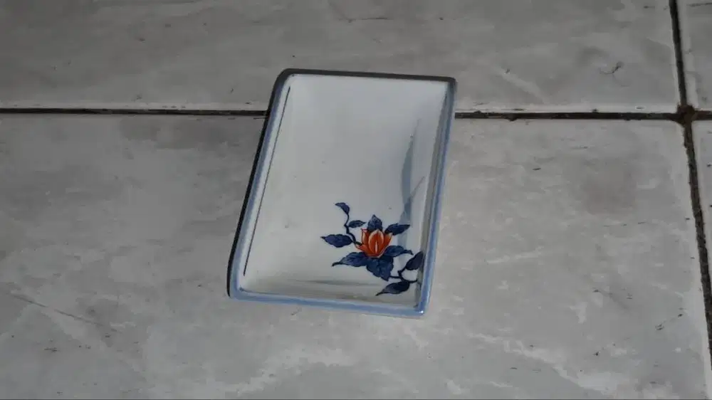VINTAGE JAPANESE RECTANGULAR CERAMIC BLUE ORANGE FLORAL PLATE