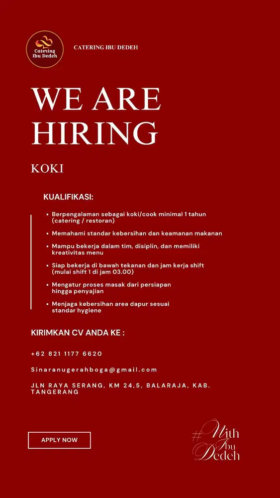 LOWONGAN KERJA KOKI DAN HELPER PT. SINAR ANUGERAH BOGA