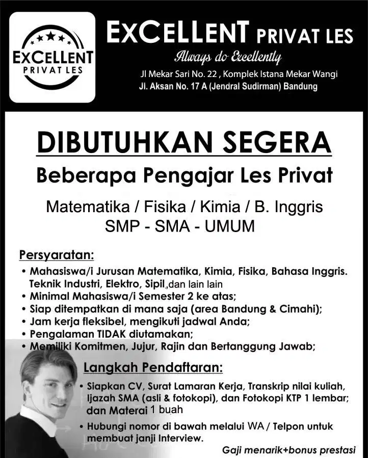 Lowongan kerja guru pengajar bahasa inggris matematika SMP SMA Bandung