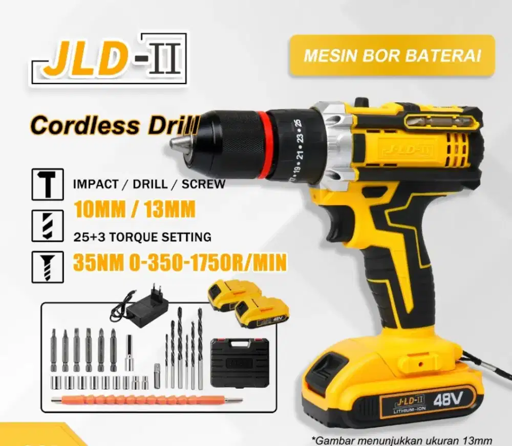 13mm mesin bor tangan tembok listrik cordless 2 baterai