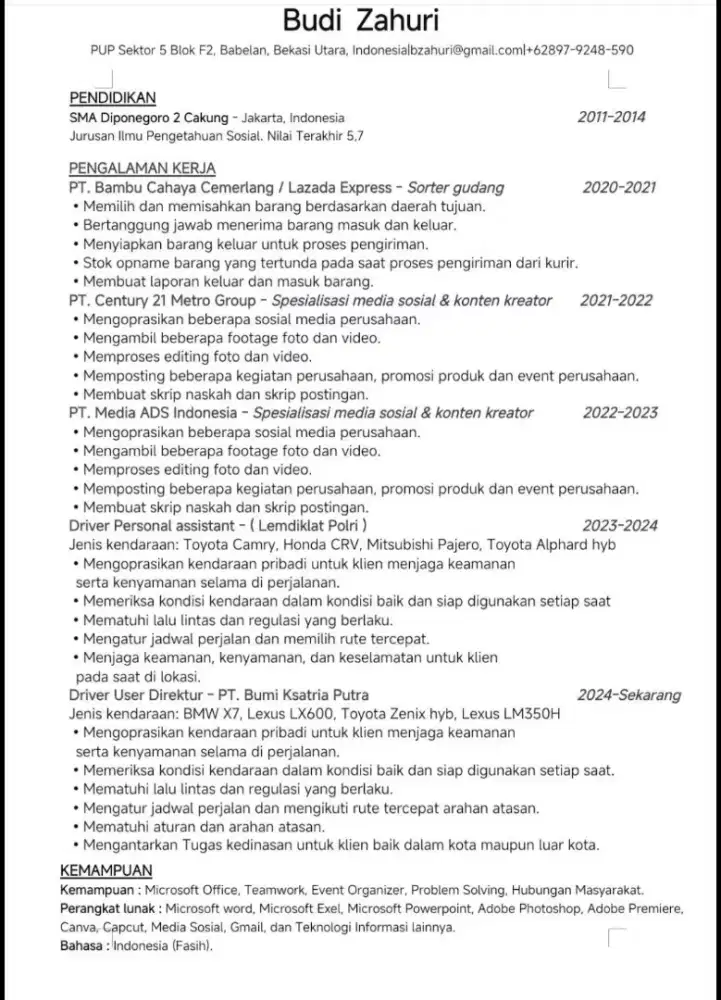 Saya sedang mencari lowongan pekerjaan Driver