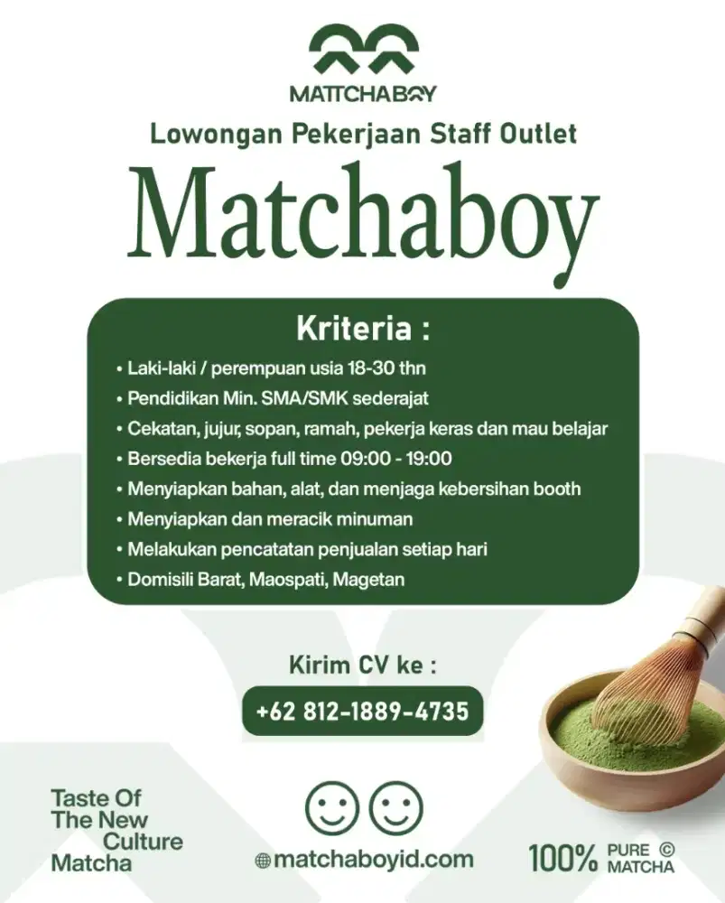 Dibutuhkan Karyawan/Karyawati MatchaBoy Maospati