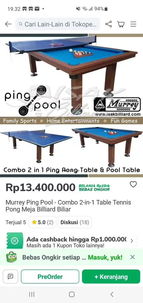 Murrey Ping pool, Table Tennis Pong dan Meja Billiard 2 in 1 Table