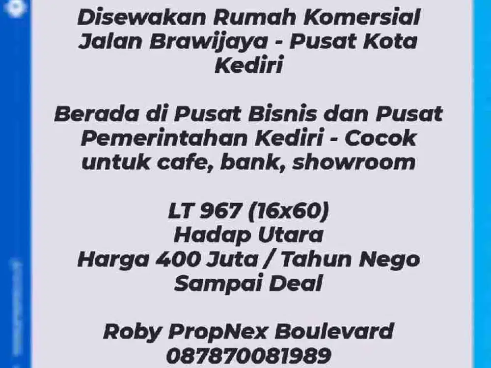 Disewakan rumah usaha di brawijaya Kediri, Cocok untuk bank, resto