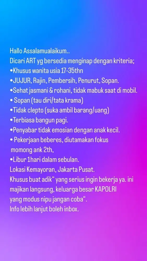 Loker ART Menginap