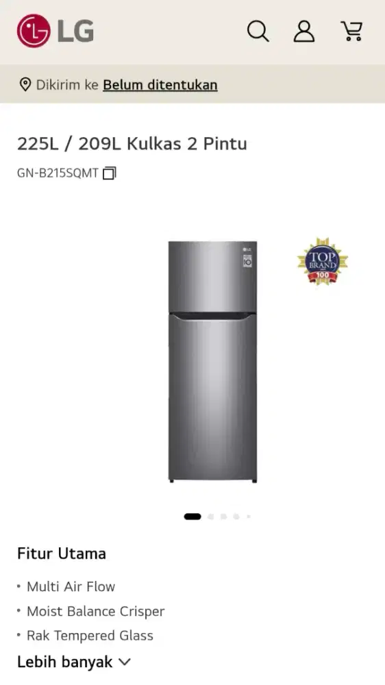 LG Kulkas 2 Pintu Inverter GN B215SQMT, 225 Liter, Fungsi Normal 100%