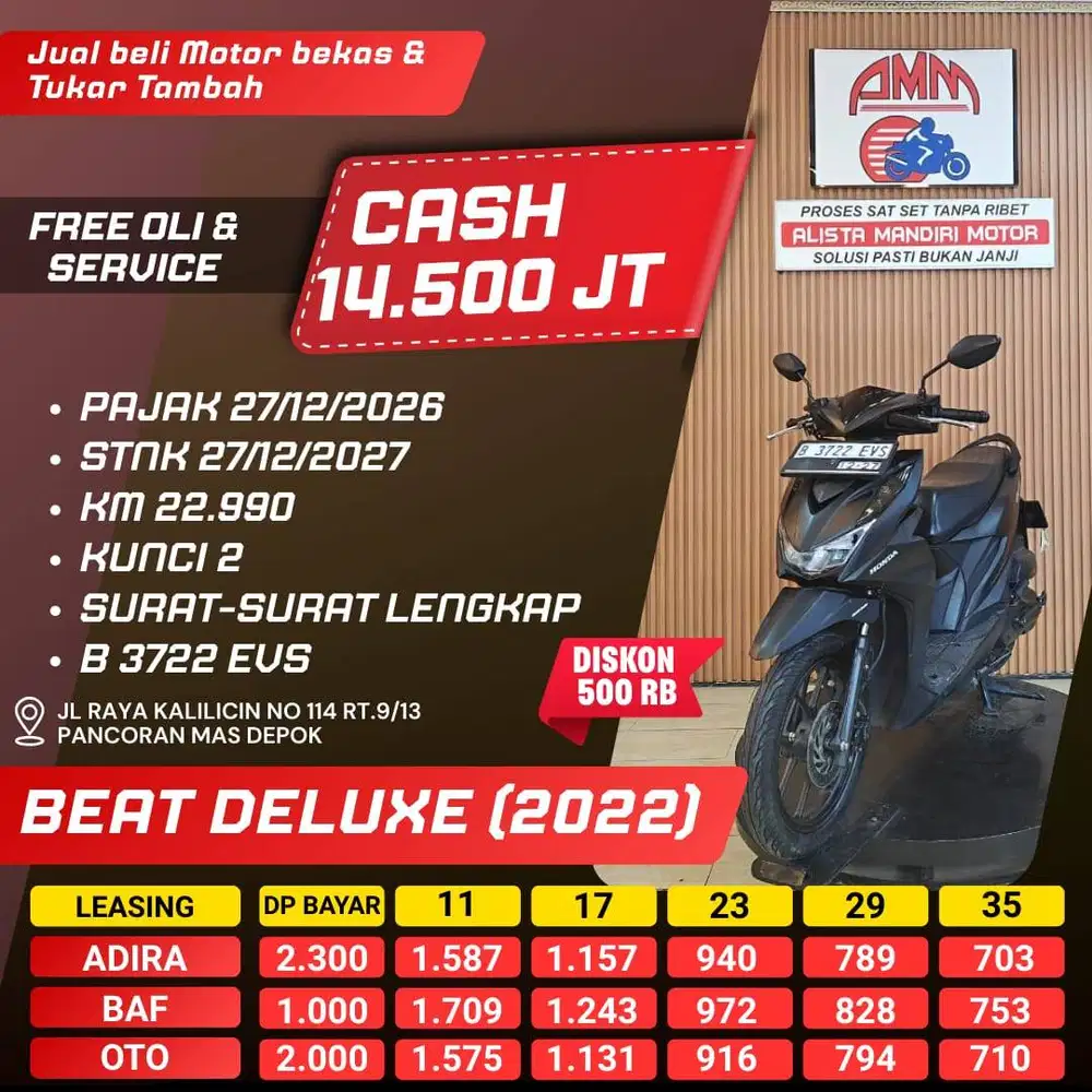 BEAT DELUXE 2022 PAJAK HIDUP DP 1 JUTA KM LOW CC 0% KREDIVO TOKPED