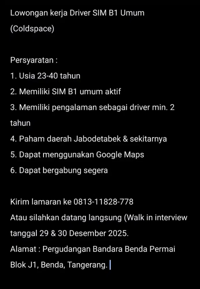 Lowongan driver SIM B1 umum