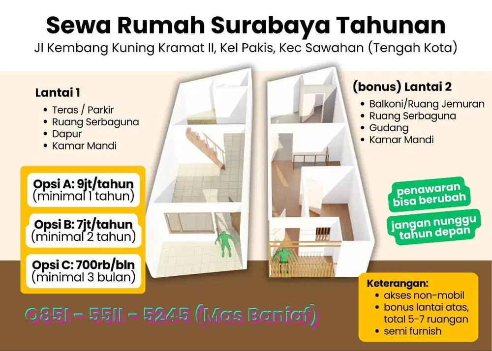 Sewa Kontrak Rumah Surabaya 2 Lantai Mahasiswa Karyawan Pasutri Usaha