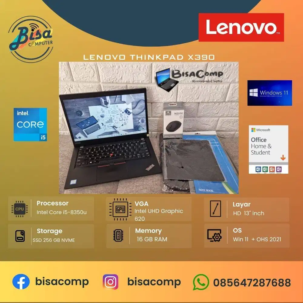 Lenovo thinkpad X390 Core i5-8350u ssd 256gb ram 16gb