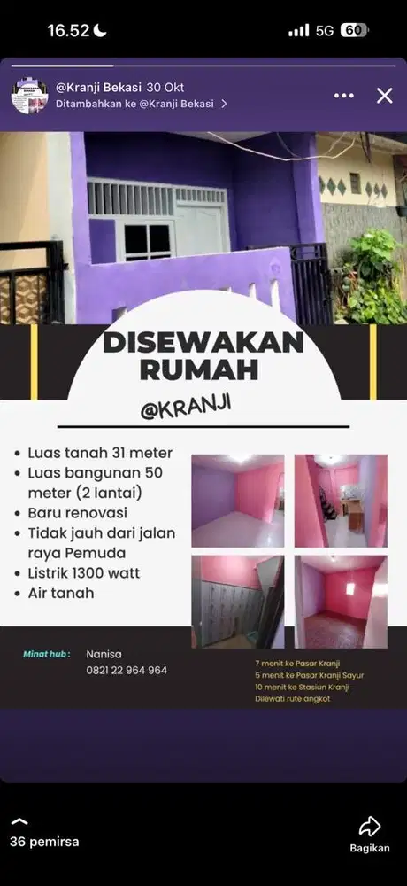 Disewakan rumah minimalis 2 kamar bebas banjir