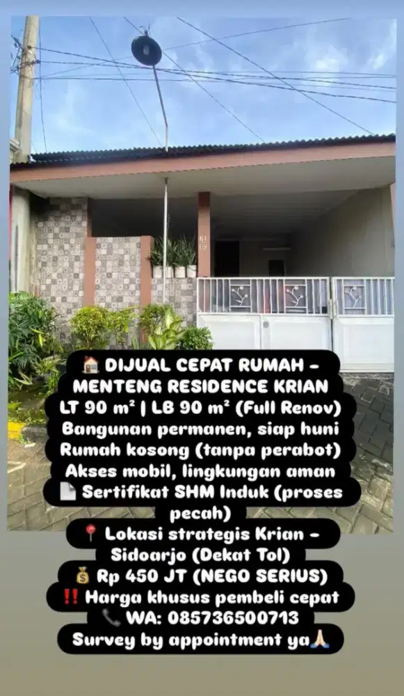 Jual Rumah Cepat BU Krian Sidoarjo