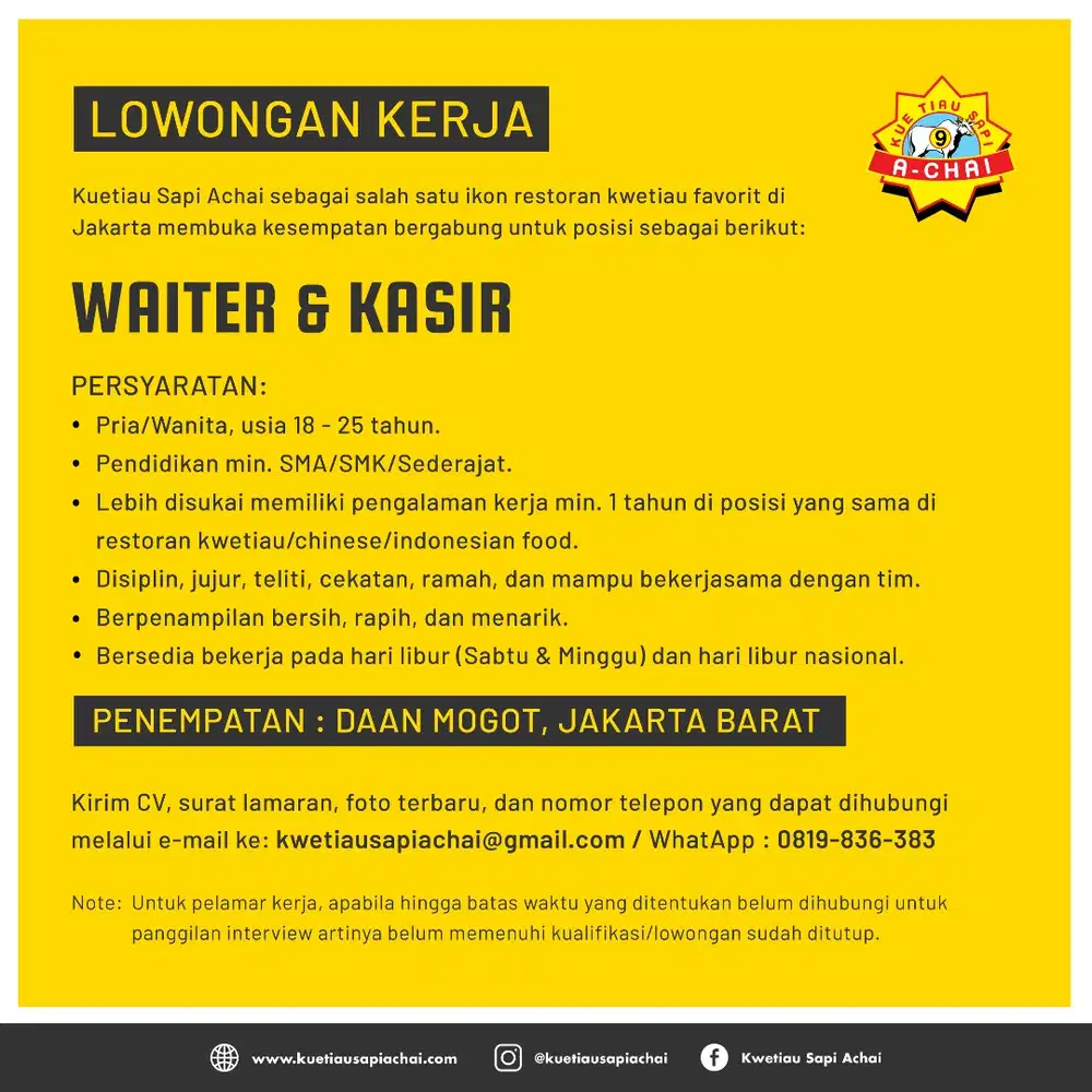 Lowongan Kerja: Waiter & Kasir