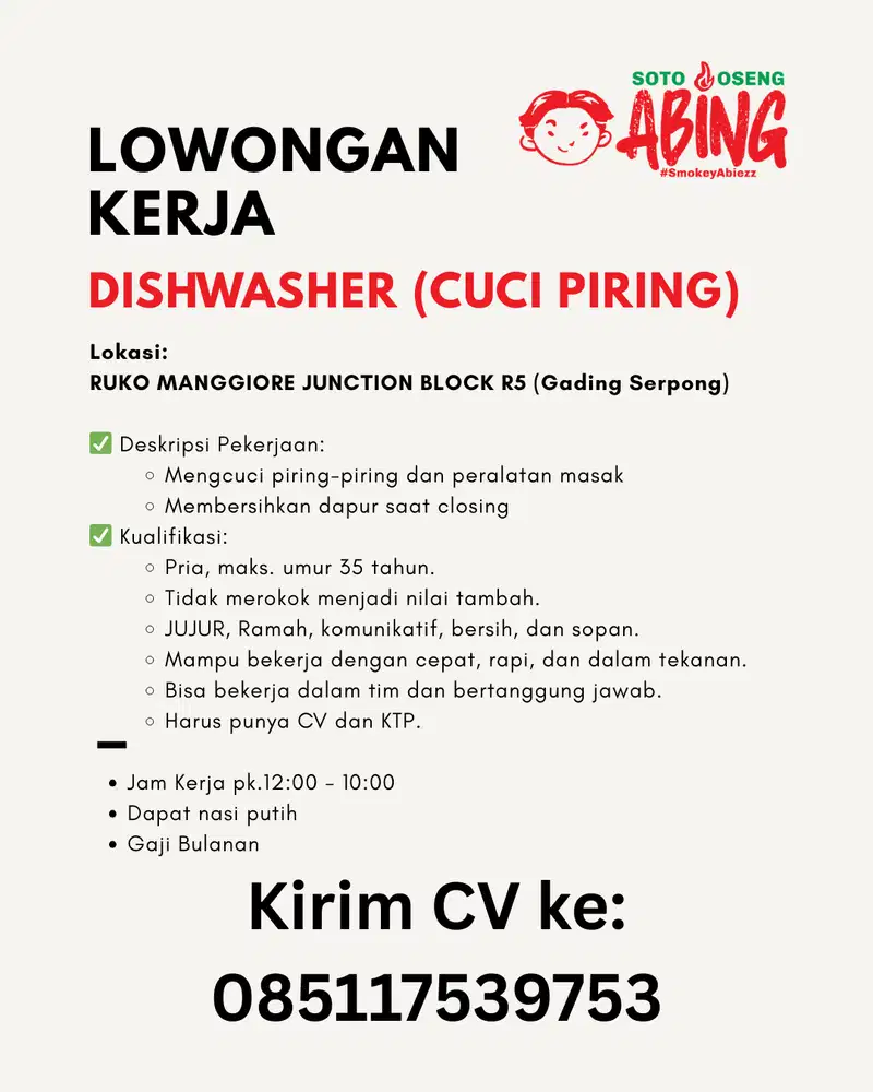 LOWONGAN KERJA DISHWASHER (CUCI PIRING)