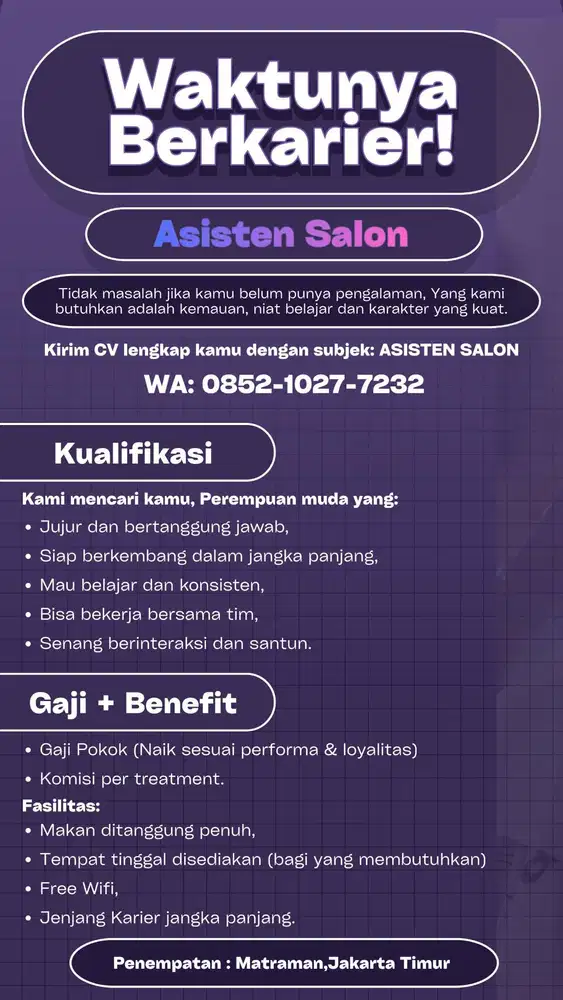 LOKER ASISTEN SALON (Wanita)
