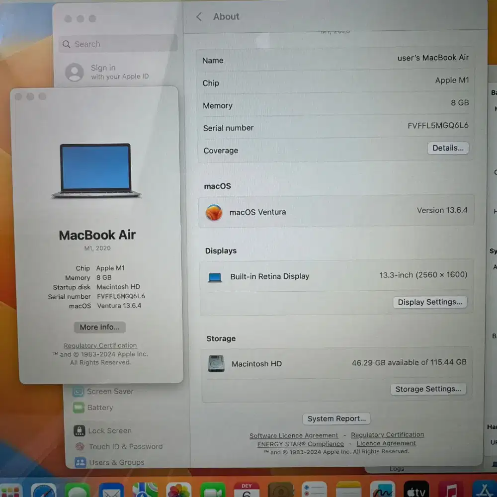 Macbook Air M1 13 Inch Ram 8 Ssd 128 lengkap full set mulus no minus