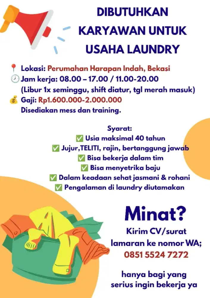 Lowongan Laundry Staff - hanya bagi yg NIAT KERJA
