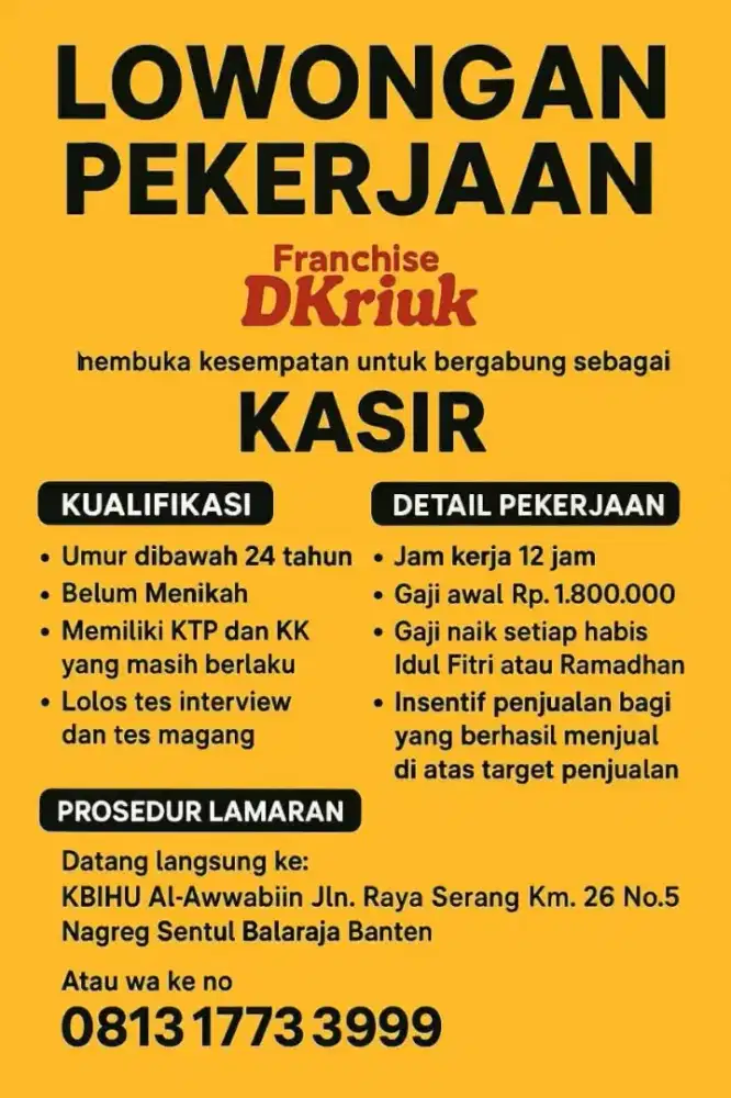 Lowongan Pekerjaan: Kasir Franchise DKriuk