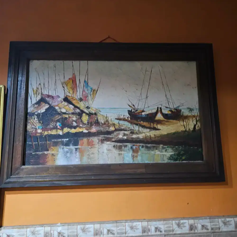 Lukisan pemandangan kapal & pinggir laut (117cm x 80cm)