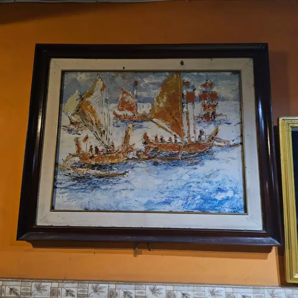 Lukisan pemandangan kapar pinggir laut 112cm x 92cm