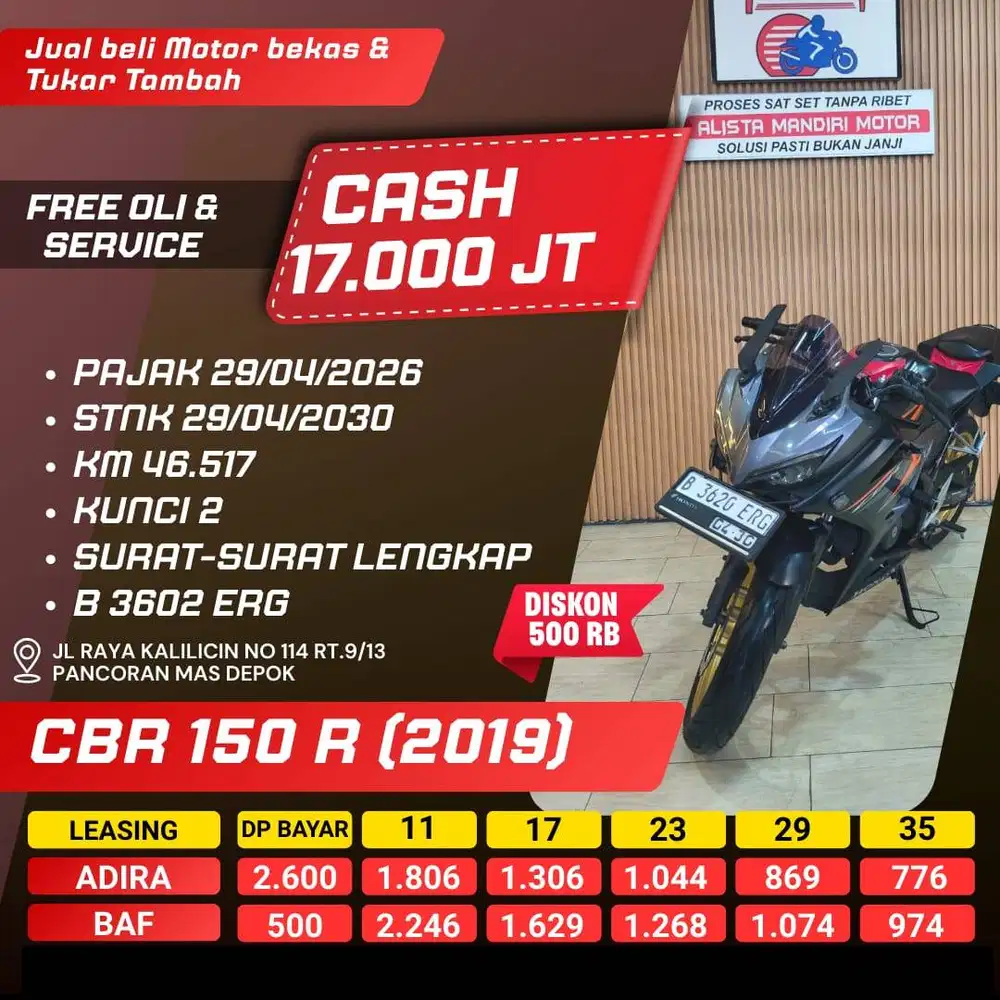 CBR 150R 2019 PAJAK HIDUP DP 500 KUNCI 2 CC 0% KREDIVO TOKPED INDODANA