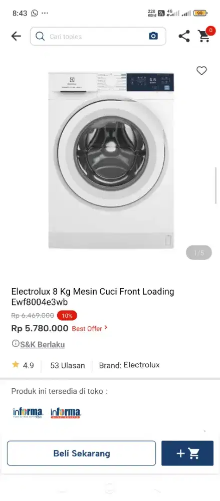 Electrolux mesin cuci 8kg bisa cicilan tampa DP pakai indo dana