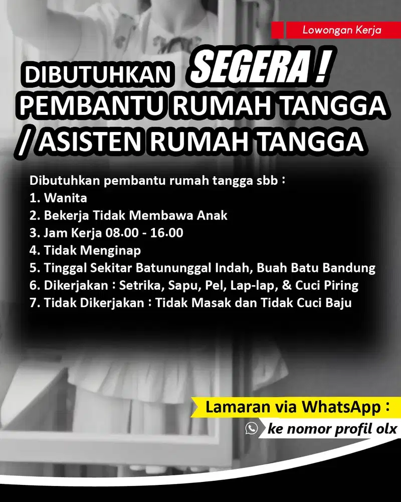 Dibutuhkan Asisten / Pembantu Rumah Tangga lokasi Bandung