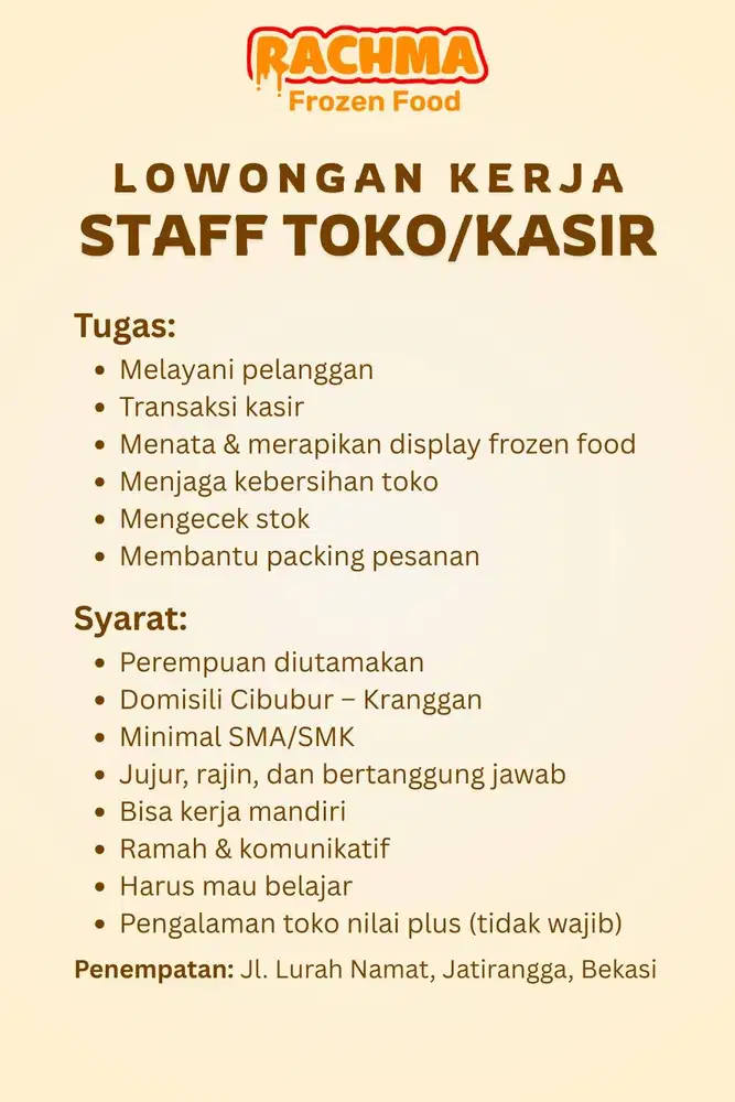 LOWONGAN KERJA STAFF TOKO/KASIR – KRANGGAN / CIBUBUR