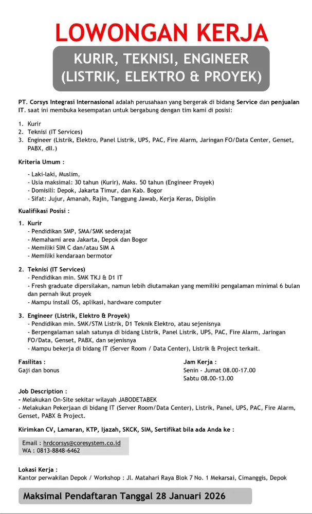 LOWONGAN KERJA KURIR, TEKNISI, ENGINEER (PROYEK)