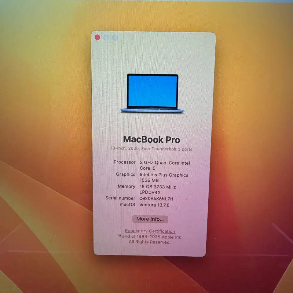 Macbook Pro 2020 layar 13 Inch Ram 16 Ssd 512 Space Grey