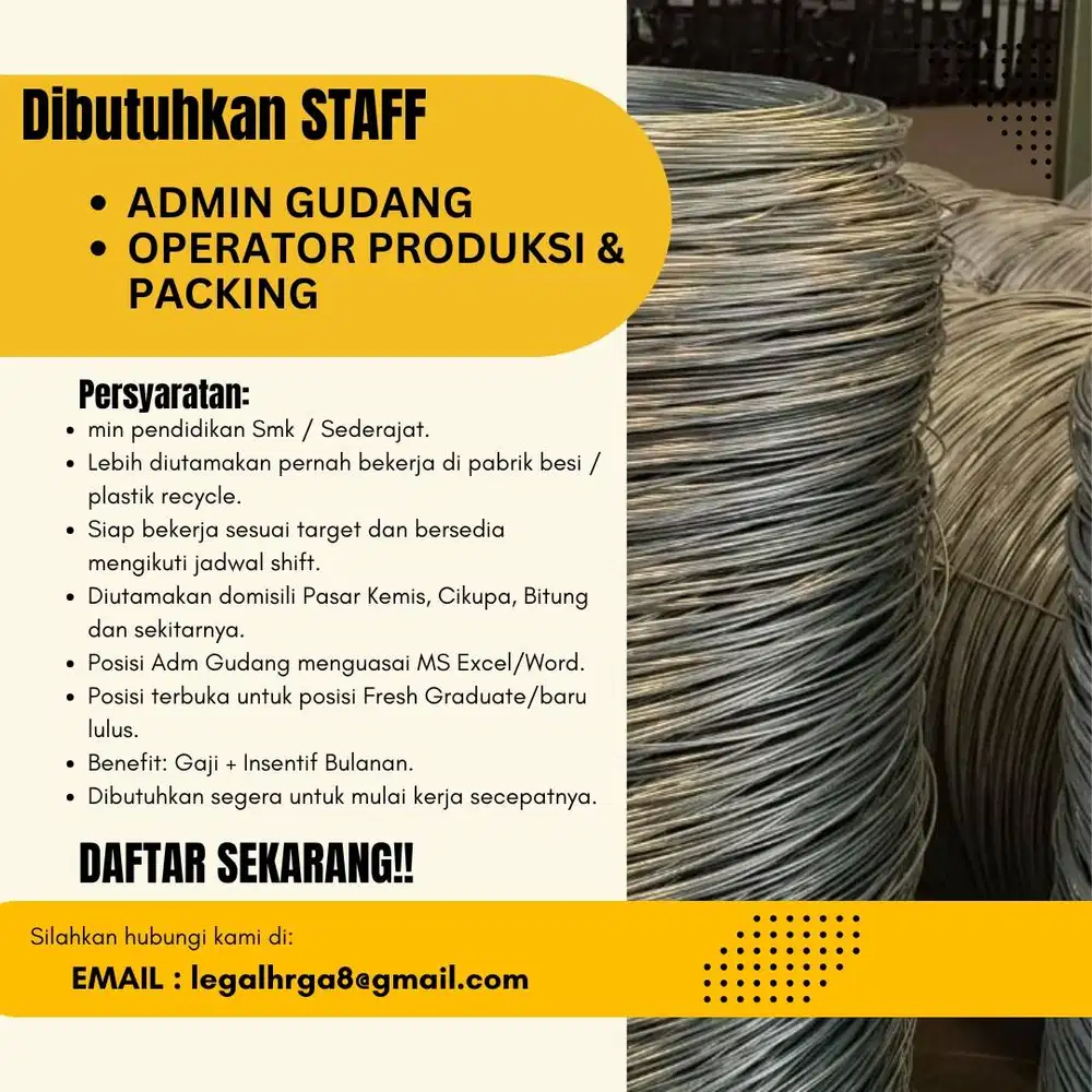 Loker staff admin gudang & op ptoduksi
