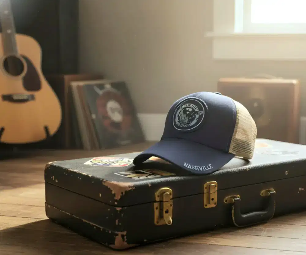 Topi Trucker Logo Gitar Margaritaville Original Second Navy Abu-abu