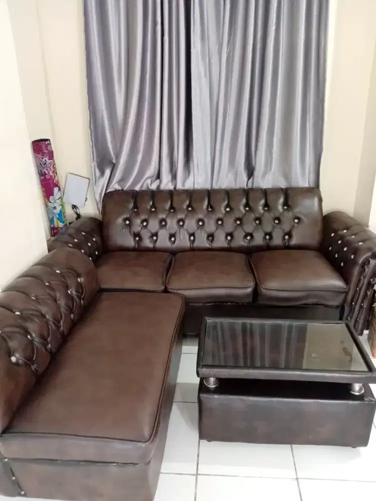 Sofa L kancing set bahan kulit