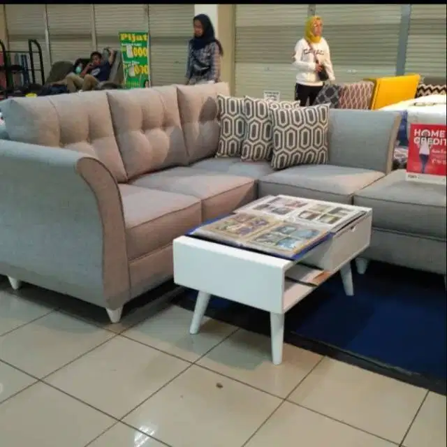 Promo, sofa L angsa + puff + meja retro duco