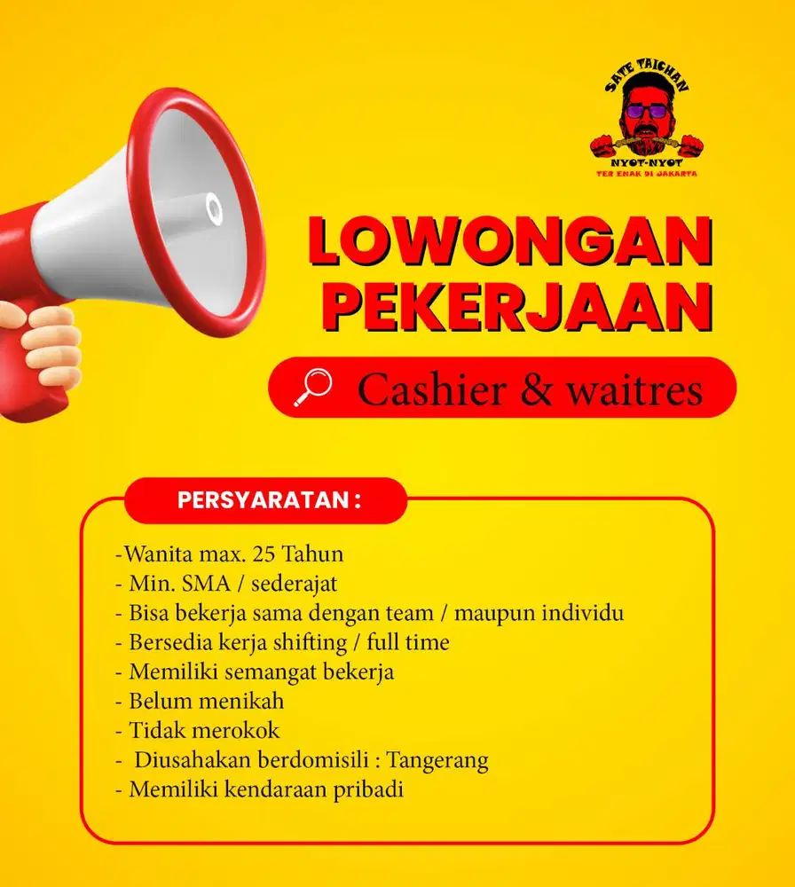 LOWONGAN KERJA BAGIAN CASHIER - WAITRESS UNTUK WANITA