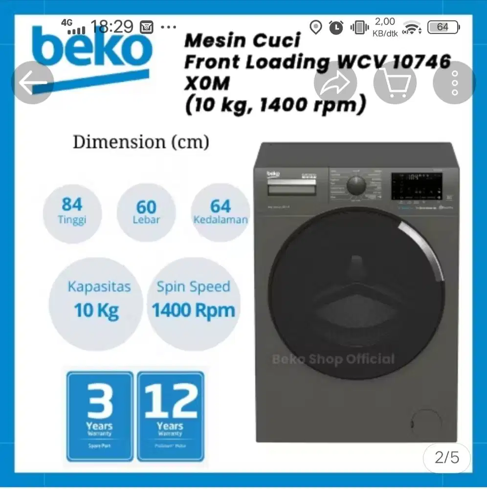 mesin cuci beko front loading 10kg