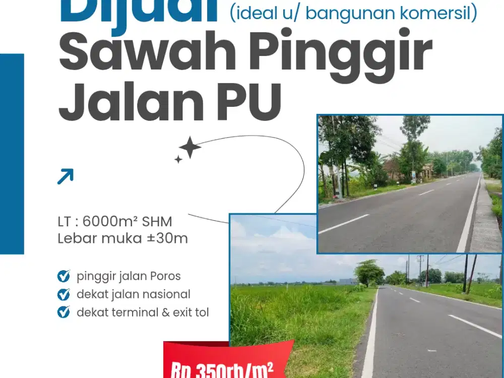 Dijual Lahan Sawah Strategis Pinggir Jalan PU Nglames Madiun