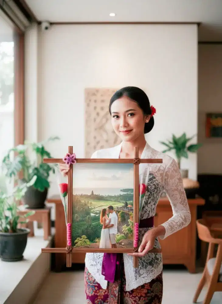 Pigura Foto Kayu Khas Bali Handmade Bingkai Foto Berhias Bunga