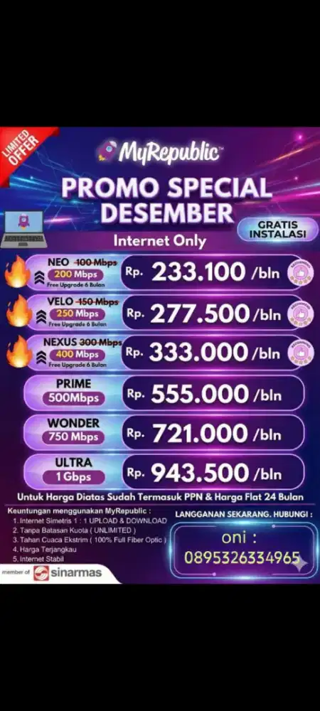 Promo Akhir Tahun!!! Wifi MyRepublic 200Mbps