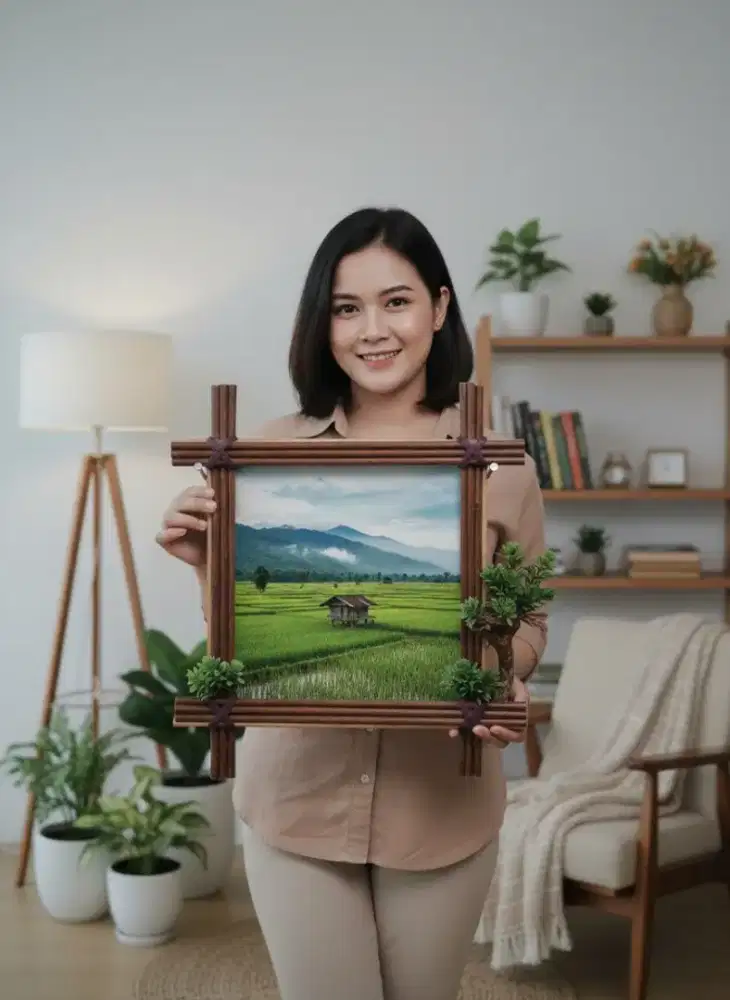 Pigura Seni Dinding Kayu Bali Minimalis Aksen Bonsai Natural