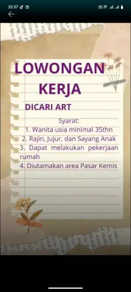 Loker ART area Pasar Kemis