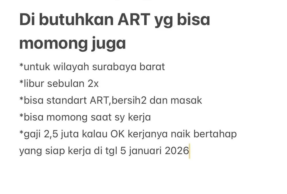 ART yang bisa momong secepatnya