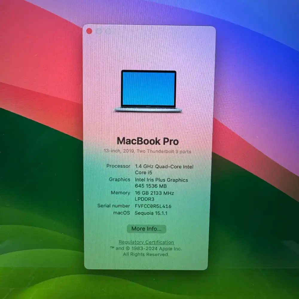 Macbook Pro 2019 Ram 16 Ssd 256 Layar 13 inch Full set Silver