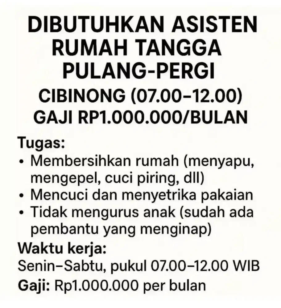 Loker Asisten Rumah Tangga PP